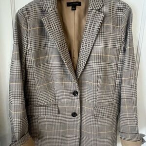 Ann Taylor Plaid Notch-Lapel Blazer in Beige and Black